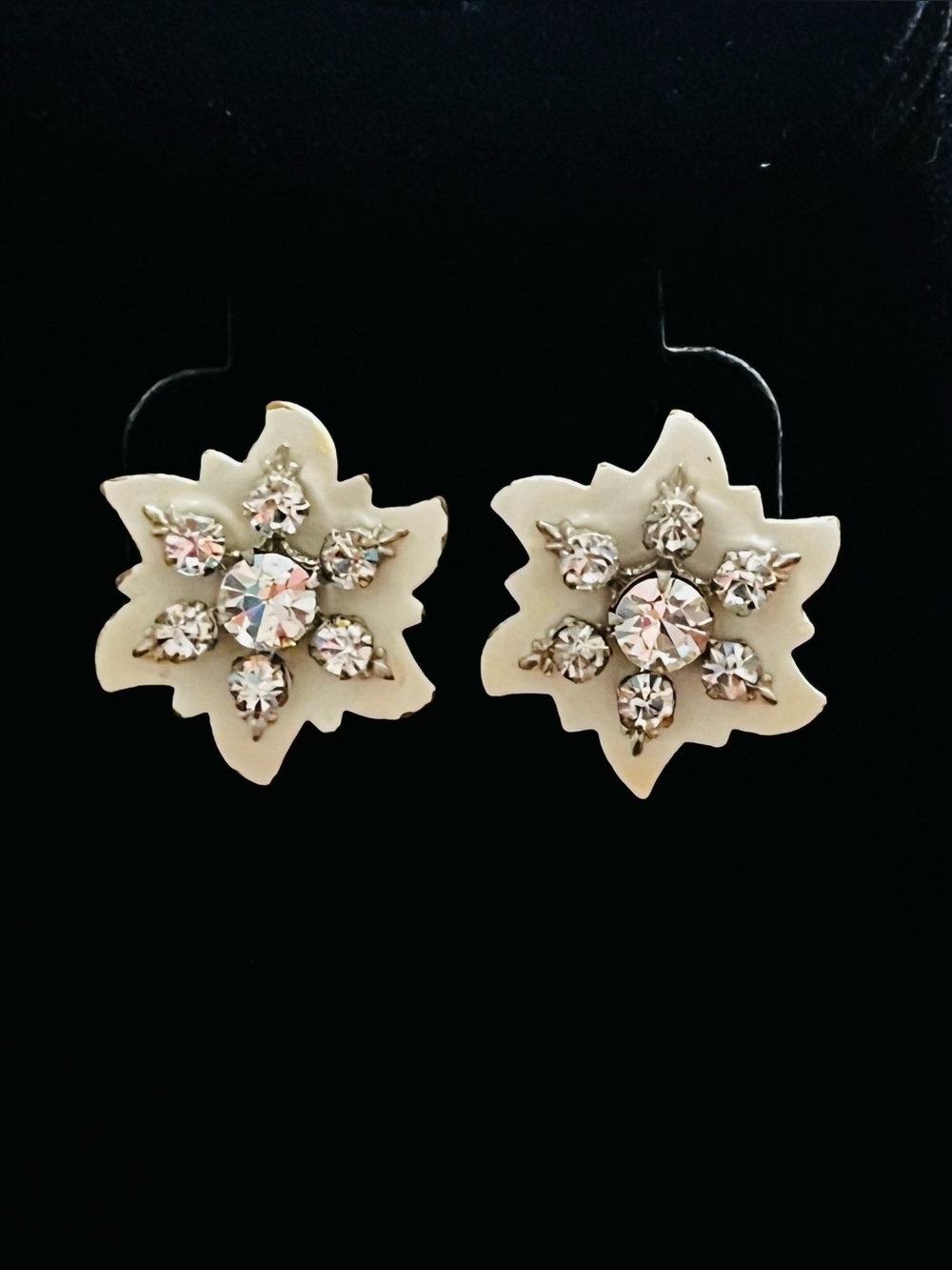 Vintage White Enamel Rhinestone Snowflake Screw-Back Earrings